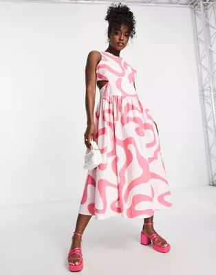 Urban Revivo cut-out side maxi dress in pink swirl print | ASOS (Global)