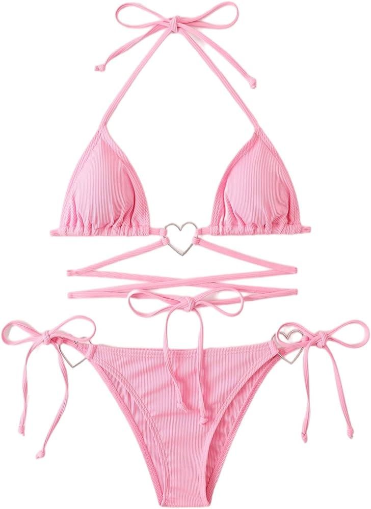 Milumia Women Two Piece Heart Ring Linked Bikini Set Lace Up Tie Halter Swimsuit | Amazon (US)