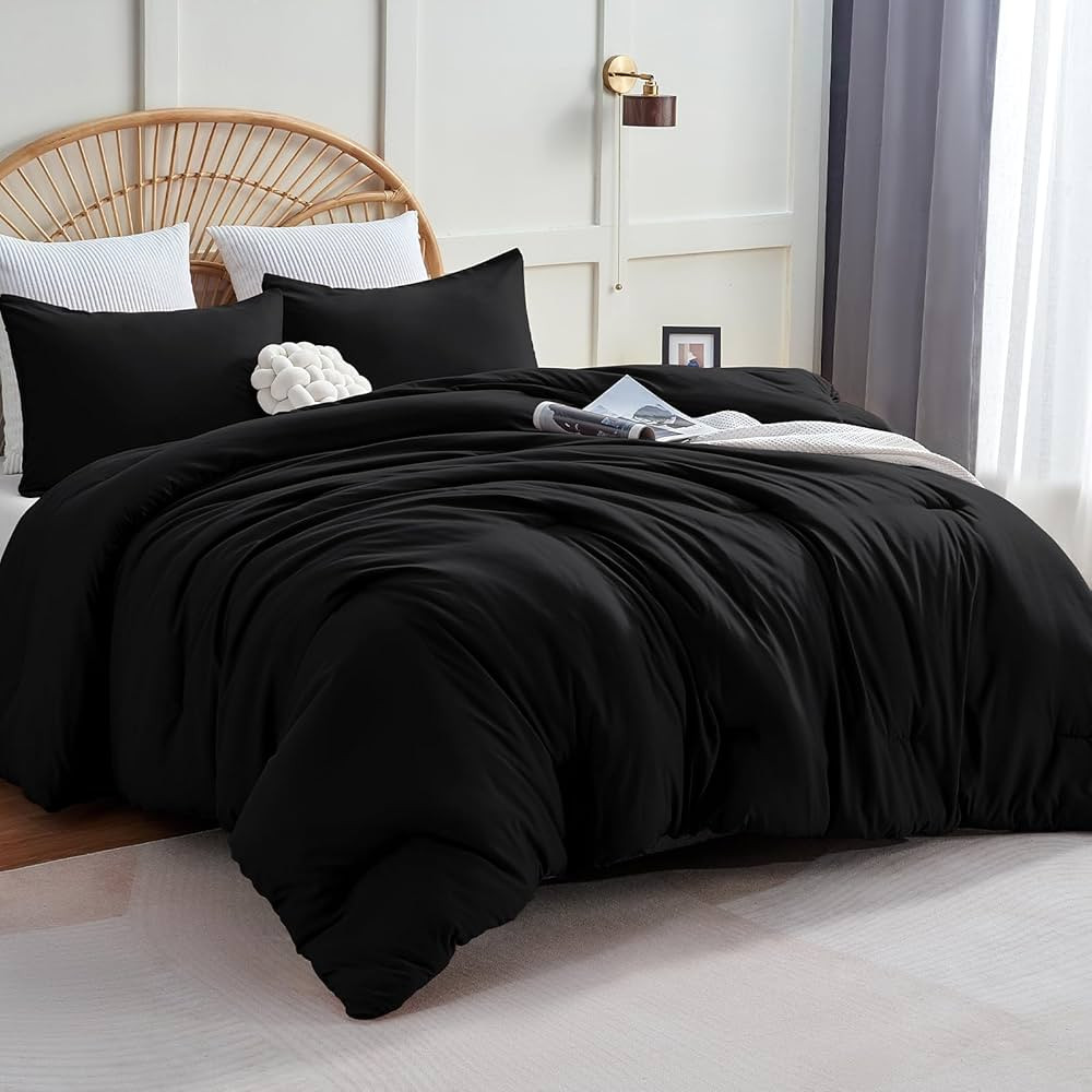 CozyLux Queen Comforter Set Black, 3 Pieces Solid Queen Comforter Breathable Quilted Style Beddin... | Amazon (US)