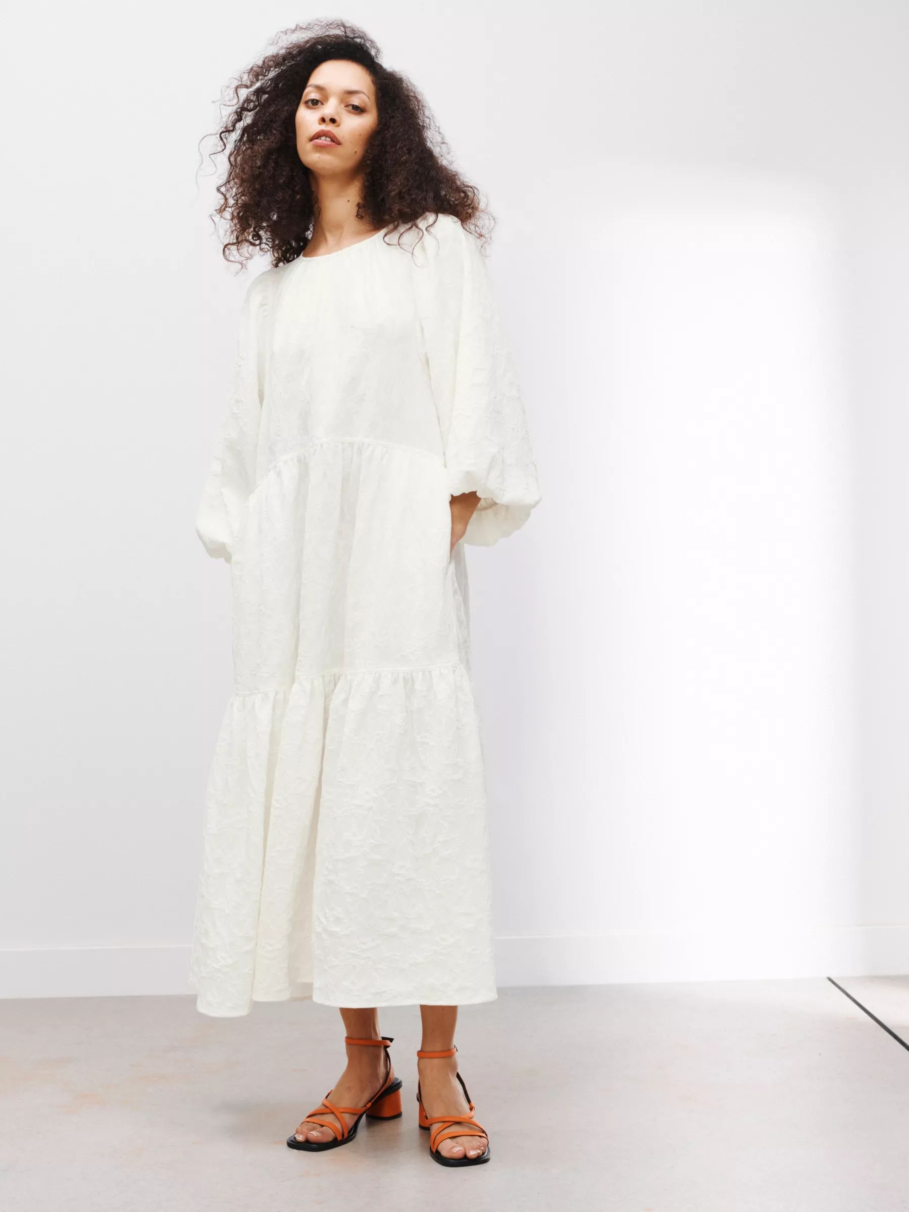 Kin Jacquard Puff Sleeve Midi Dress, White | John Lewis (UK)