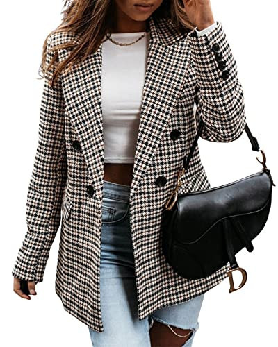 ebossy Women's Elegant Plaid Thoundstooth Blazer Double Breasted Slim Fit Check Jacket Coat (X-Small,Plaid) | Amazon (US)