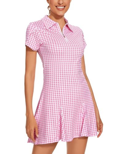 LURANEE Athletic Dresses for Women with Shorts,Classic Golf Outfits Ruffle SleeveTennis Dress with Pockets Zip Up Polo Collar for Athletic Pink Houndstooth XS | Amazon (US)
