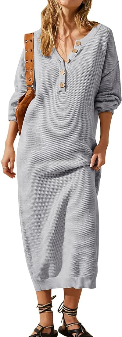 Flygo Midi Sweater Dress for Women Oversized Button V Neck Waffle Knit Dresses Fall Maxi Dress | Amazon (US)