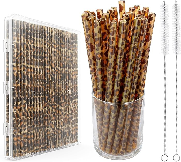 28 Pcs Reusable Leopard Straws with 2 Cleaning Brushes, Cheetah Animal Print Plastic Drinking Str... | Amazon (US)