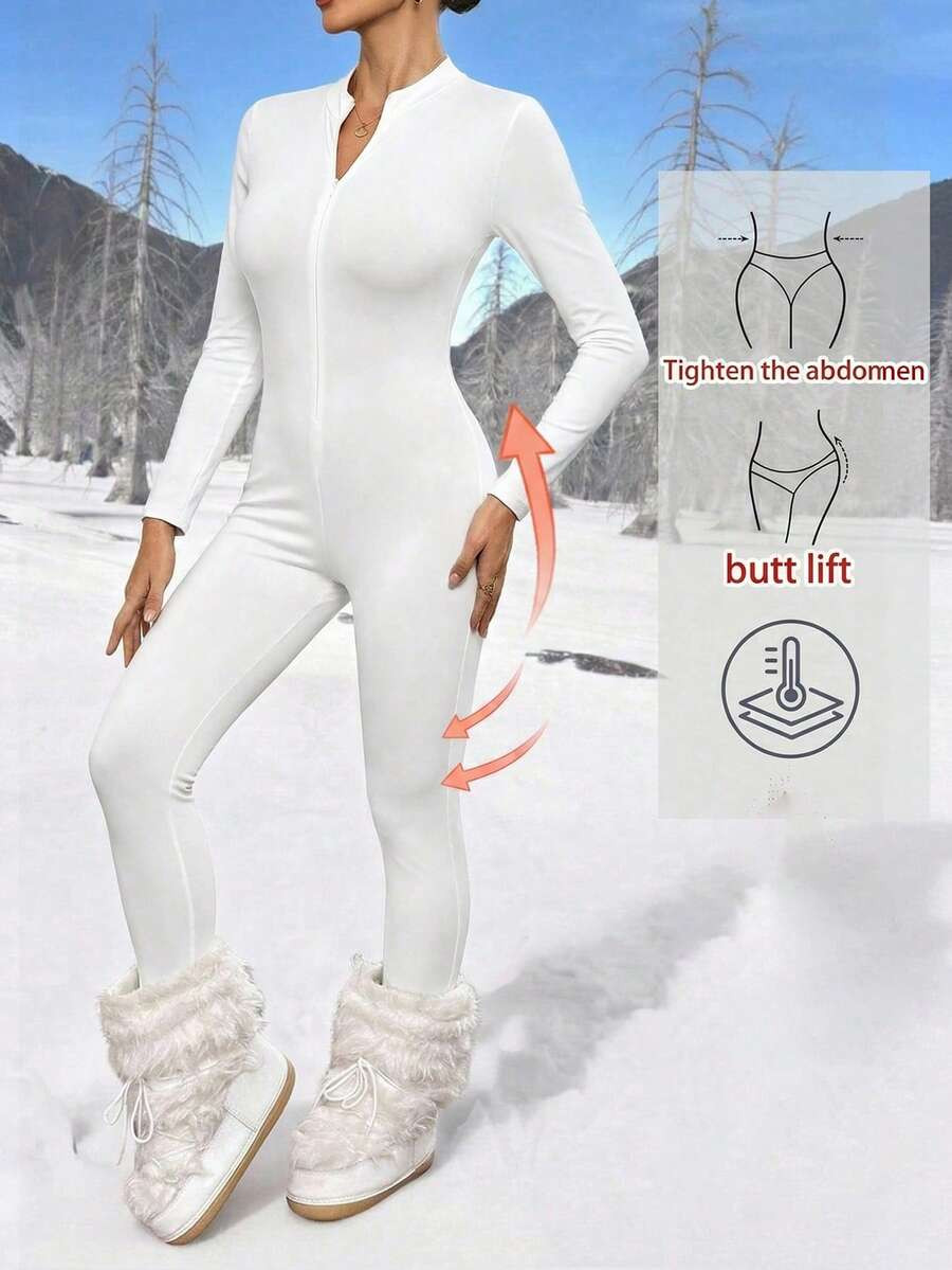 SHEIN Tall Black Knitted Women's Tight Jumpsuit Ski Wear, Autumn/Winter, Black Fleece Lined Thick... | SHEIN