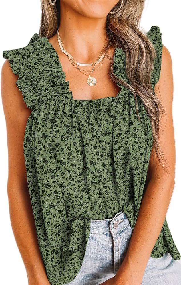 Boho Floral Tank Tops for Women, Shirred Straps Pleated Summer Casual Sleeveless Shirts Tops Beac... | Amazon (US)