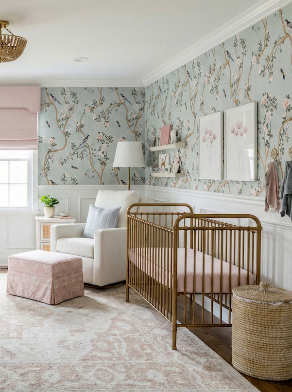 I designed this nursery for a client who wanted a French inspired theme with a floral wallpaper and wall paneling combo. This girl’s nursery features blue floral wallpaper, a gold crib, a white nursery glider, a woven storage bin, pink floral wall art, and scalloped wall shelves.
✨🩶 Want a virtual nursery design of your own? Check out www.littlecrowninteriors.com for interior design services. 🩶 ✨ 
Design by Little Crown Interiors. For lots more baby girl nursery ideas, check out my blog and website! 
#nurserydecor #nurseryfurniture #nursery #babynursery #girlnursery #floralnursery #nurserywallpaper #wallpaper #floralwallpaper #virtualdesign #edesign #littlecrowninteriors #LTKbump #LTKstyletip

#LTKHome #LTKBaby #LTKBump