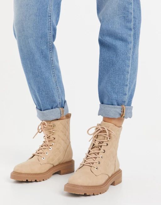 ASOS DESIGN Amy quilted lace up boots in beige | ASOS (Global)