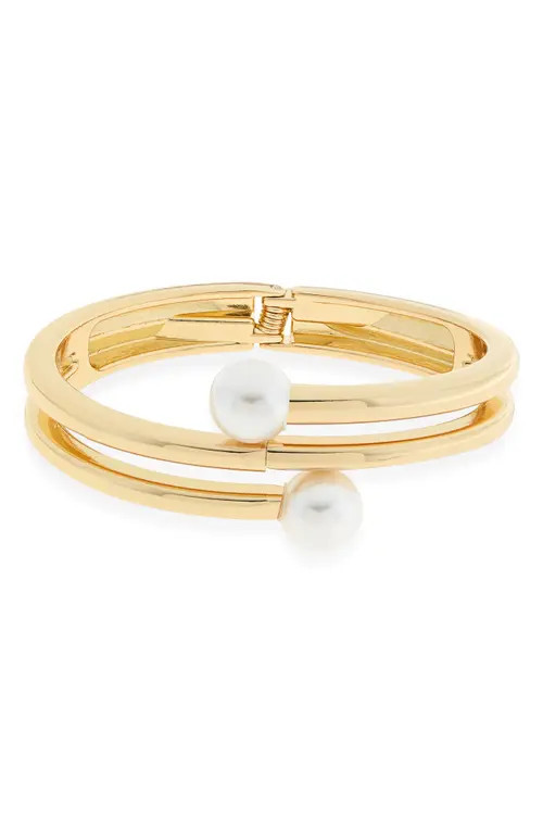 Nordstrom Faux Pearl Overlap Cuff Bracelet in White- Gold at Nordstrom | Nordstrom