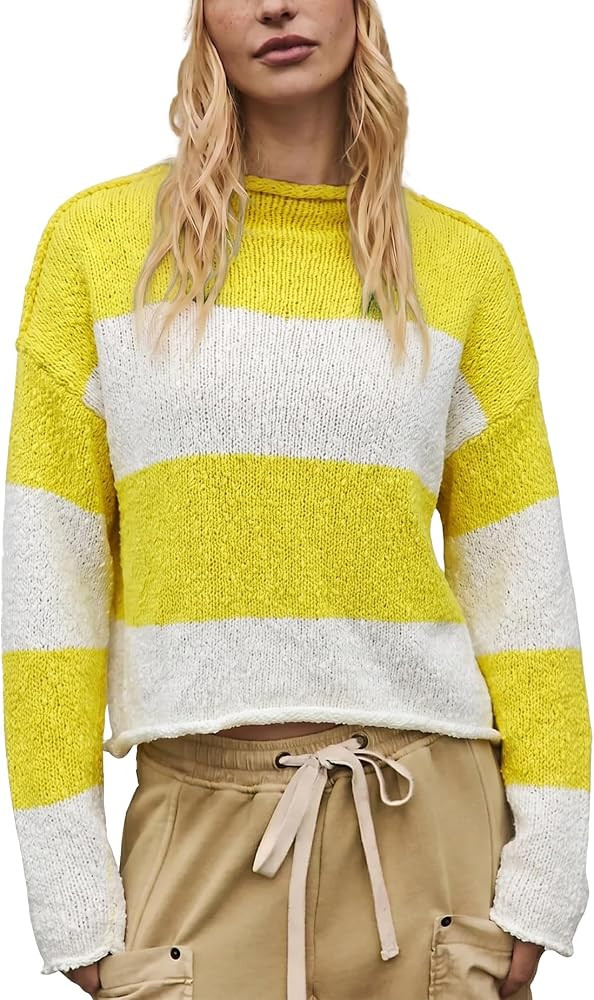 Womens Stripe Sweater Oversized Cropped Long Sleeve Roll Neck Chunky Knit Pullover Tops Casual Sp... | Amazon (US)