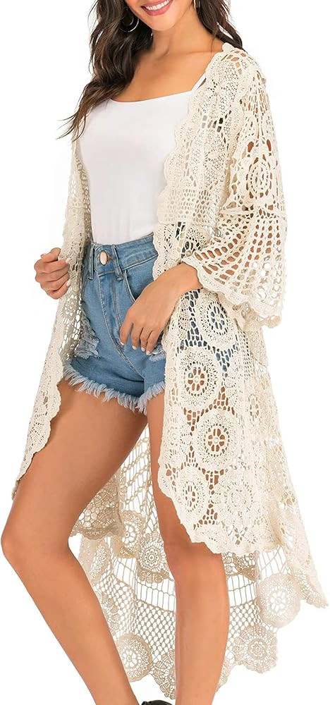 Anna-Kaci Women's Crochet Long Vest Boho Short Sleeve Kimono Cardigan Swimwear Cover up | Amazon (US)