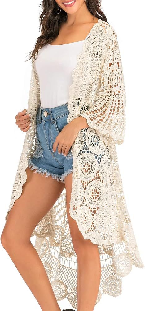 Anna-Kaci Women's Crochet Long Vest Boho Short Sleeve Kimono Cardigan Swimwear Cover up | Amazon (US)