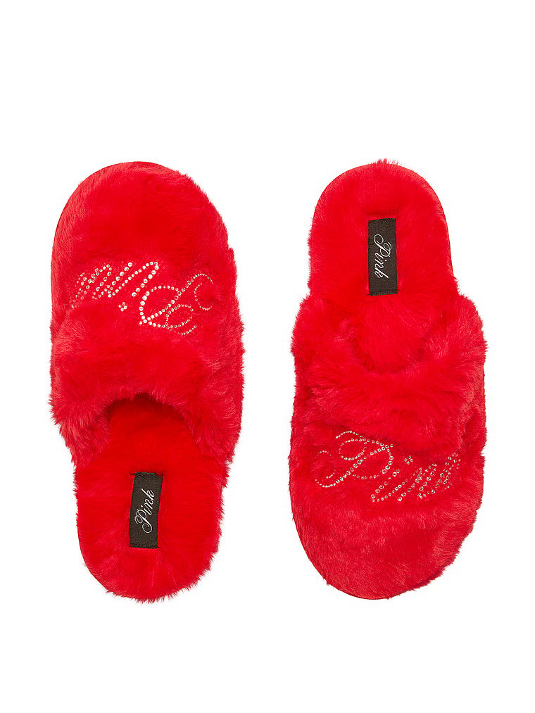 Buy Faux-Fur Closed-Toe Slippers, Bright Vermillion Bling Logo - Order Slippers online - PINK US | Victoria's Secret (US / CA )