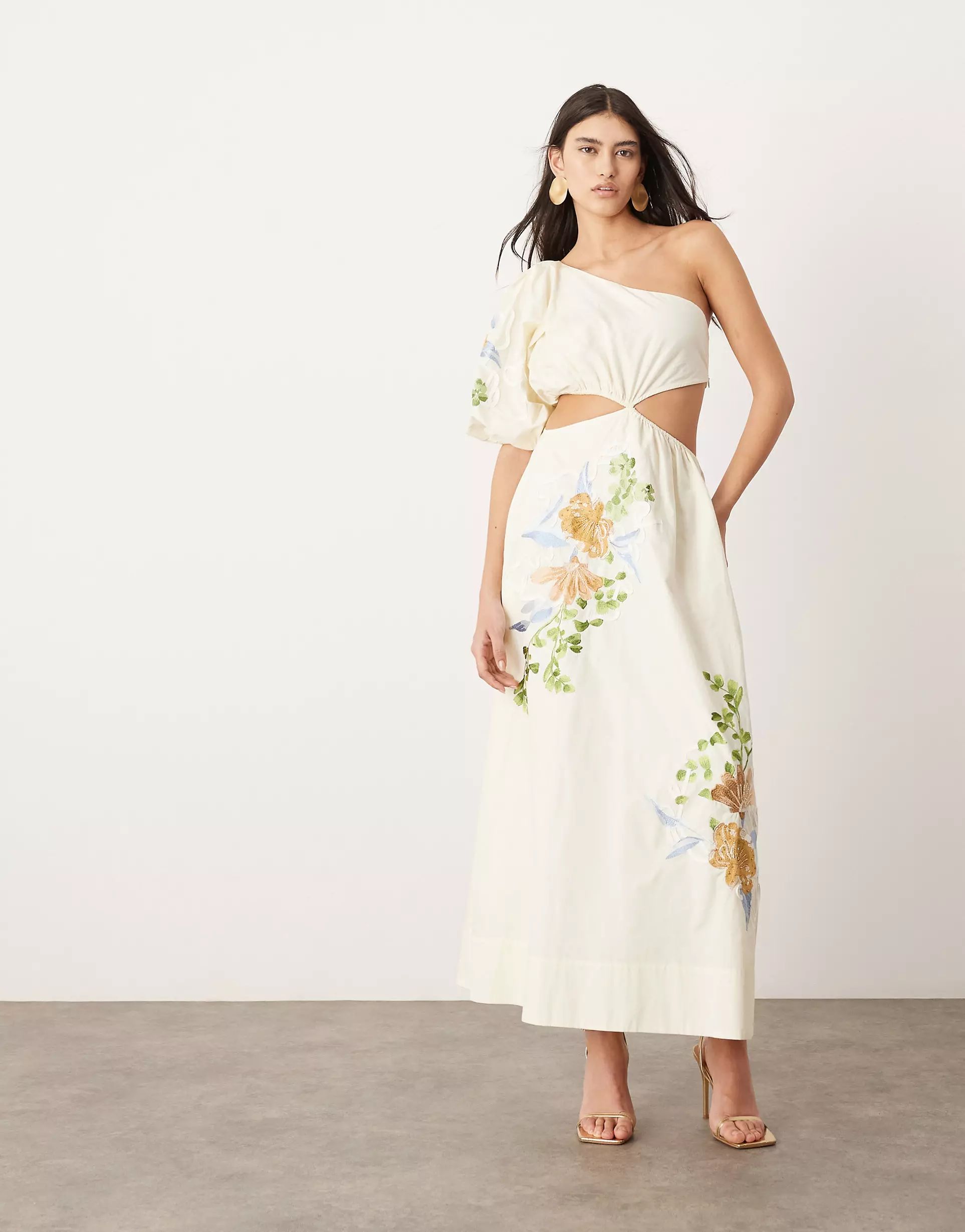 ASOS EDITION embroidered floral shoulder puff sleeve midi dress in cream | ASOS | ASOS (Global)