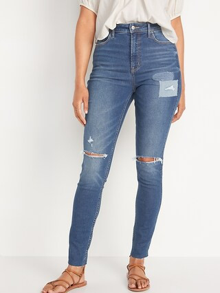 Extra High-Waisted Rockstar 360° Stretch Patchwork Cut-Off Super Skinny Jeans for Women | Old Navy (US)