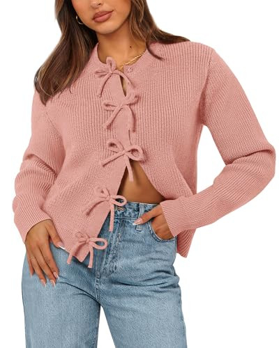 BTFBM Bow Cropped Cardigan Sweaters for Women 2026 Fall Winter Open Front Sweater Long Sleeve Button Fashion Spring Clothes(Pink, Large) | Amazon (US)