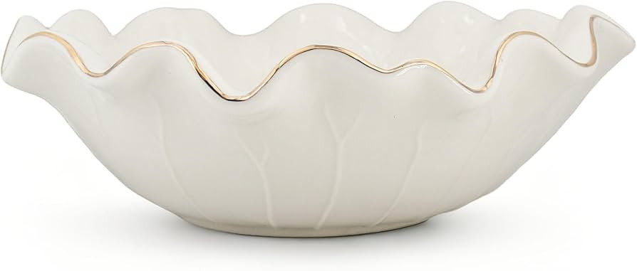 10 Inch White Ceramic Decorative Bowl - Ruffle Lotus Design with Gold Trim, Large Fruit Bowl for ... | Amazon (US)