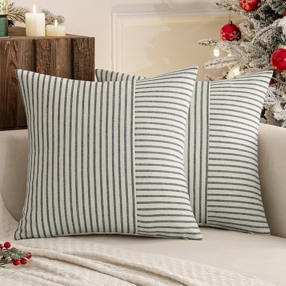 MIULEE Christmas Dark Green Patchwork Farmhouse Pillow Covers 18x18 Inch, Pack of 2 Striped Linen... | Amazon (US)