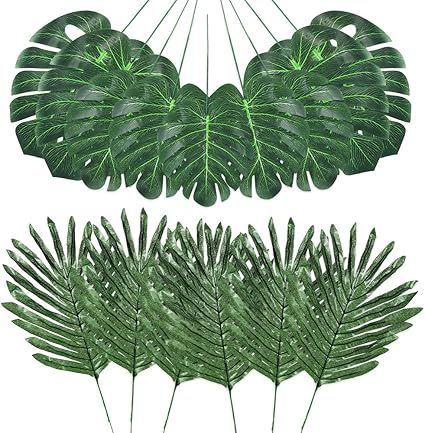 Auihiay 48 Pieces 4 Kinds Artificial Palm Leaves with Faux Stems Tropical Plant Leaves Monstera L... | Amazon (US)