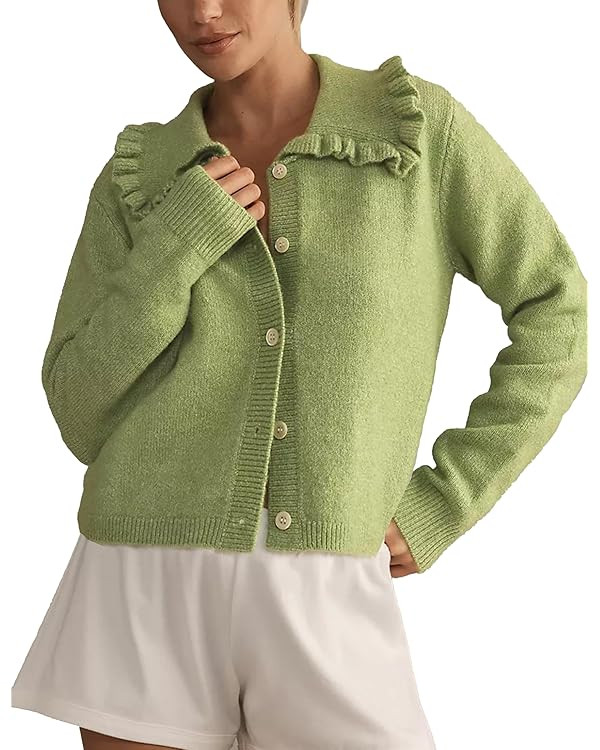 Womens Ruffle Cropped Sweater Open Front Outerwear Elegant Long Sleeve Knitted Cardigan Button Ja... | Amazon (US)