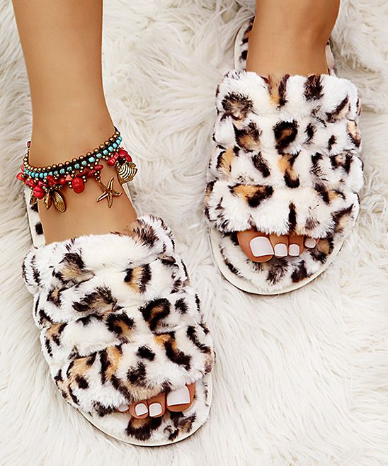 D.taLo Women's Slippers white - White Leopard Ribbed Fluffy Slipper - Women | Zulily