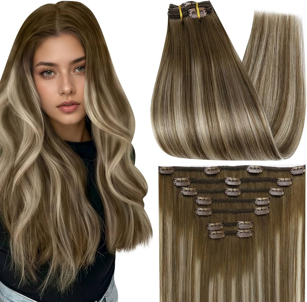 Full Shine 18 Inch Clip in Extensions Remy Human Hair Clip in Hair Extensions Chestnut Brown Bala... | Amazon (US)