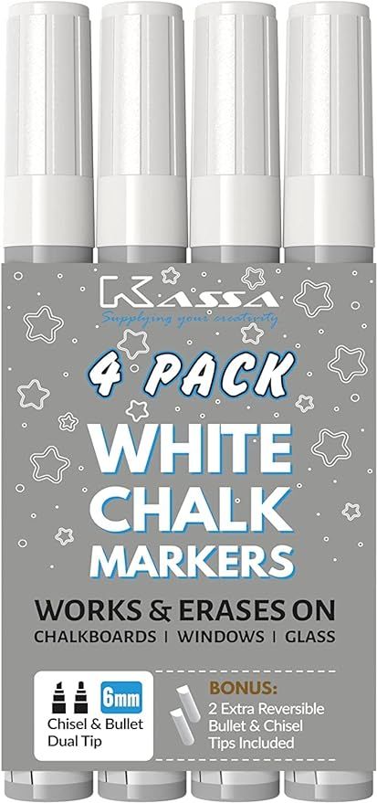 Kassa White Chalk Markers (4 Pack) Liquid Chalkboard Pens: Erasable Blackboard, Classroom, Signs,... | Amazon (US)