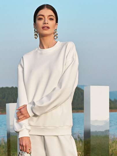 SHEIN Drop Shoulder Solid Pullover & Joggers Set Without Cami Top | SHEIN