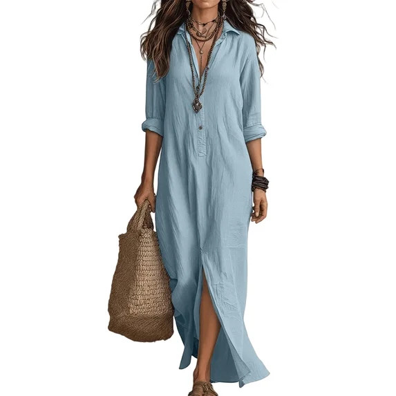 dgysar Womens Front Split Maxi Dress, Collared Button Down Long Dress, Solid Color Casual Summer ... | Walmart (US)