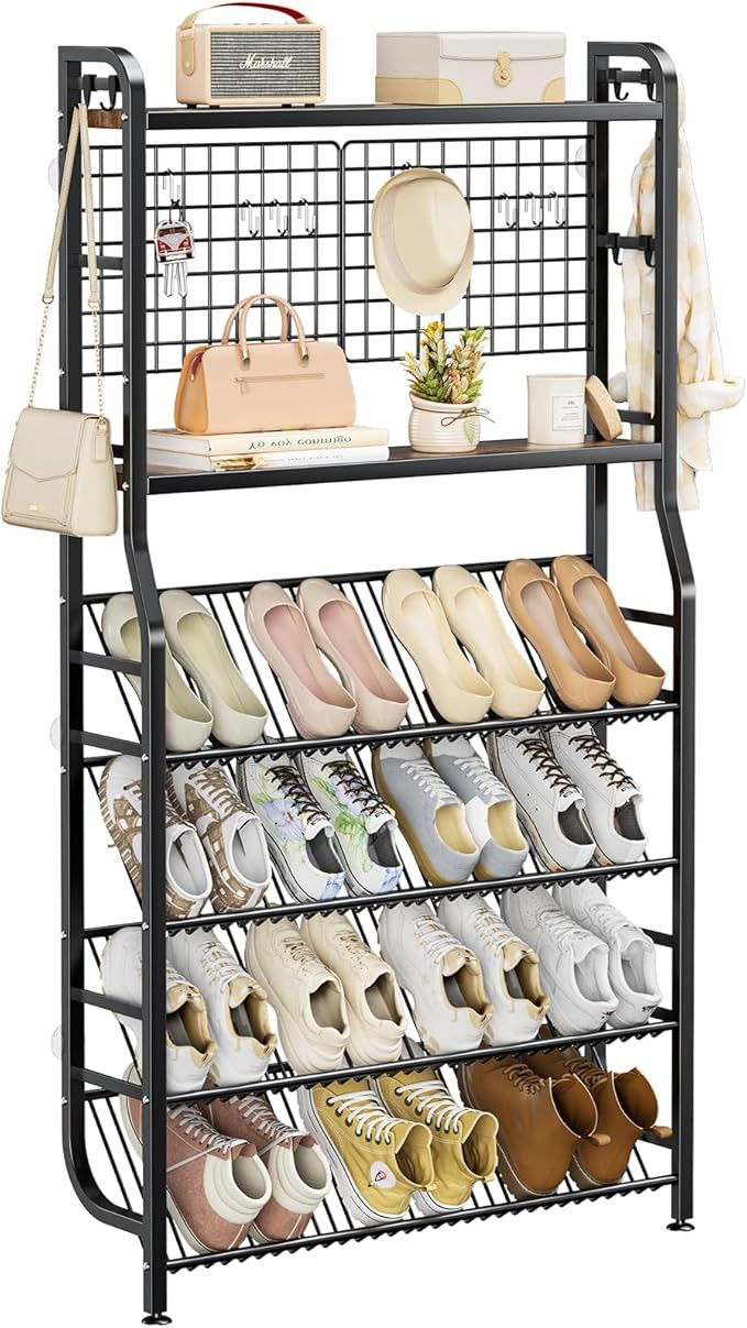 Shoe Rack Wall Mount, 4-Tier Narrow Shoe Organizer with 14 Storage Hooks, Large Capacity Shoe She... | Amazon (US)