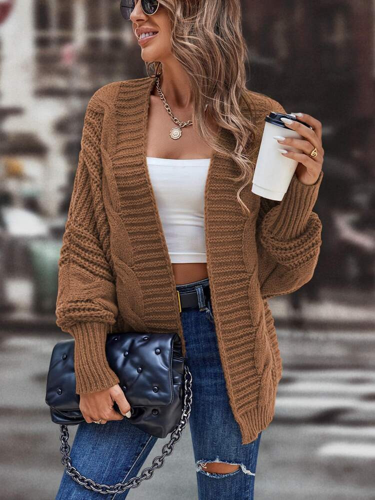 Cable Knit Lantern Sleeve Cardigan | SHEIN
