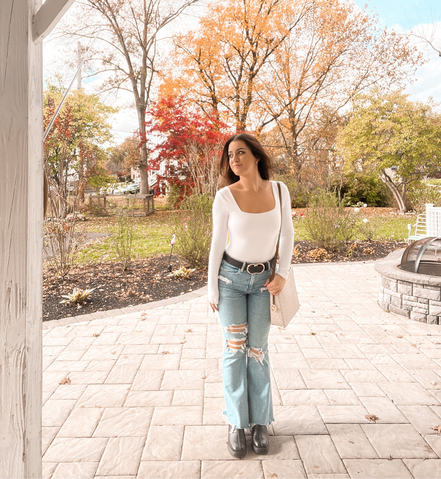 fall outfit ideas, fall outfits, white bodysuit, flare jeans, ripped jeans, cute outfit, seamless bodysuit, black boots, black booties, black and gold belt, gold buckle belt

#LTKfit #LTKSeasonal #LTKstyletip