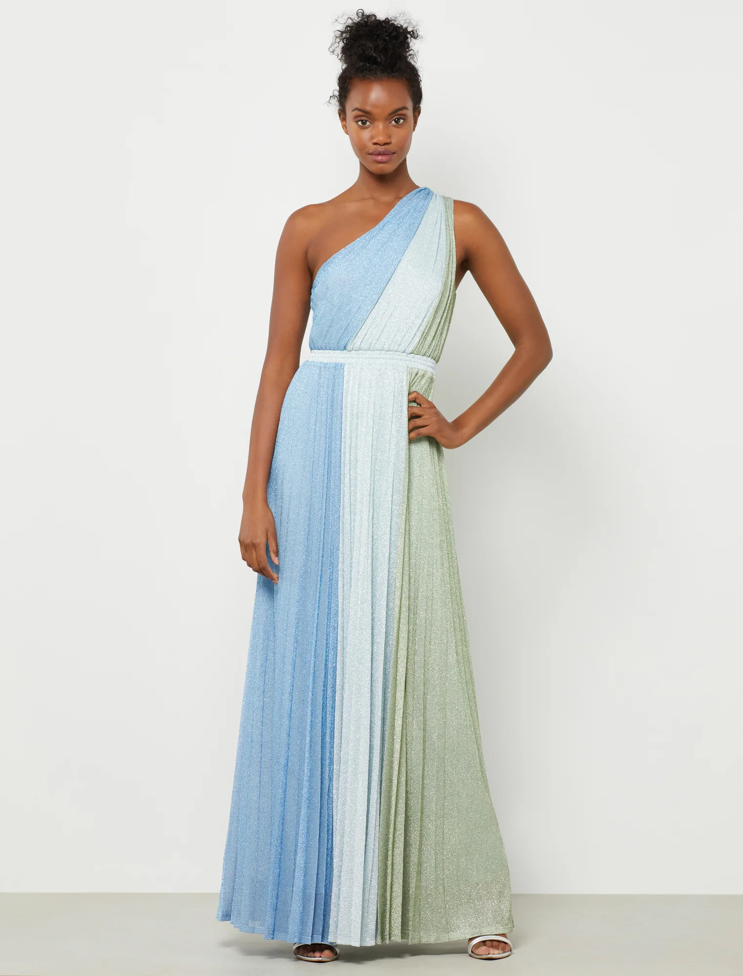 One-Shoulder Pleated Metallic Gown | BCBG Max Azria 