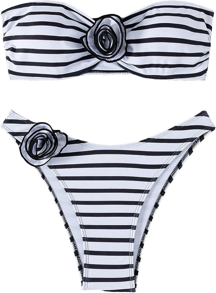 MakeMeChic Women's 2 Piece Bandeau Swimsuit 3D Floral Tie Side High Cut Bikini Set Bathing Suit | Amazon (US)