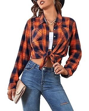 Damipow Flannel Shirt Women Long Sleeve Fall Blouse Ladies Casual Top Cute Clothes | Amazon (US)