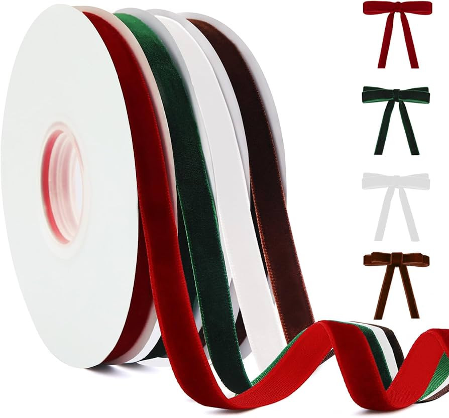 YANGTE 4 Colors Velvet Ribbon Set, 3/8" x 40Yard Premium Velvet Ribbon for Gift Wrapping, Christm... | Amazon (US)