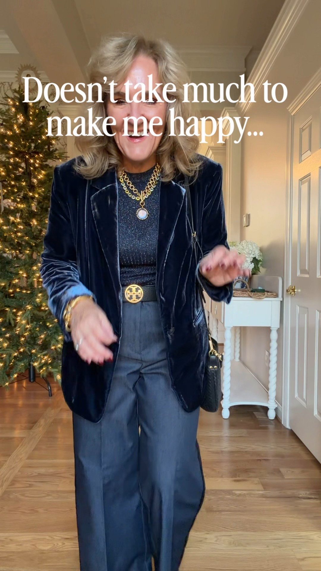 @loft tuxedo stripe jeans size 8 petite 
Metallic sweater size medium 
Blue velvet jacket medium petite 
Blue velvet pants medium petite 8 petite 
Embellished sweater size medium 
Slingbacks size up 1/2 
@julievos tanzanite pieces are gorgeous! Definitely splurge worthy 
Tory Burch reversible belt 

New Year’s Eve holiday parties 

#LTKHoliday #LTKWorkwear #LTKOver40