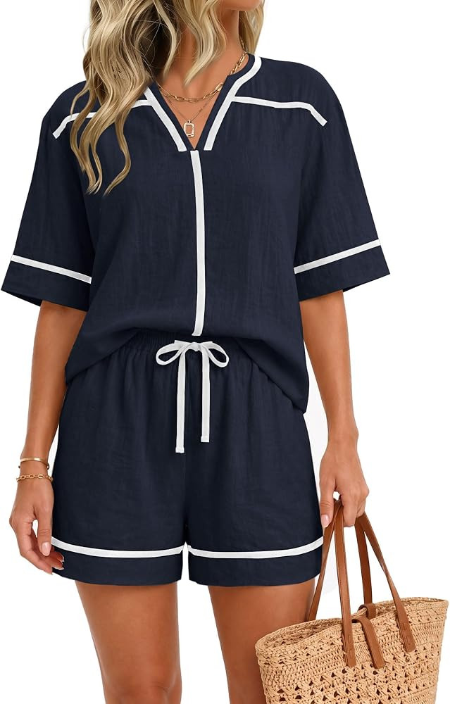 kipfall Womens 2 piece Sets Summer Lounge Set Casual Linen Blend Shorts Outfits | Amazon (US)