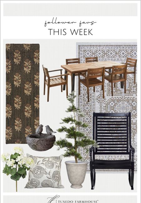 Follower home decor favorites this week. 

Runner rugs, outdoor dining set, outdoor rugs, outdoor rockers, planters, faux trees, outdoor geraniums, pillows, spring decor  

#LTKSeasonal #LTKhome #LTKFind