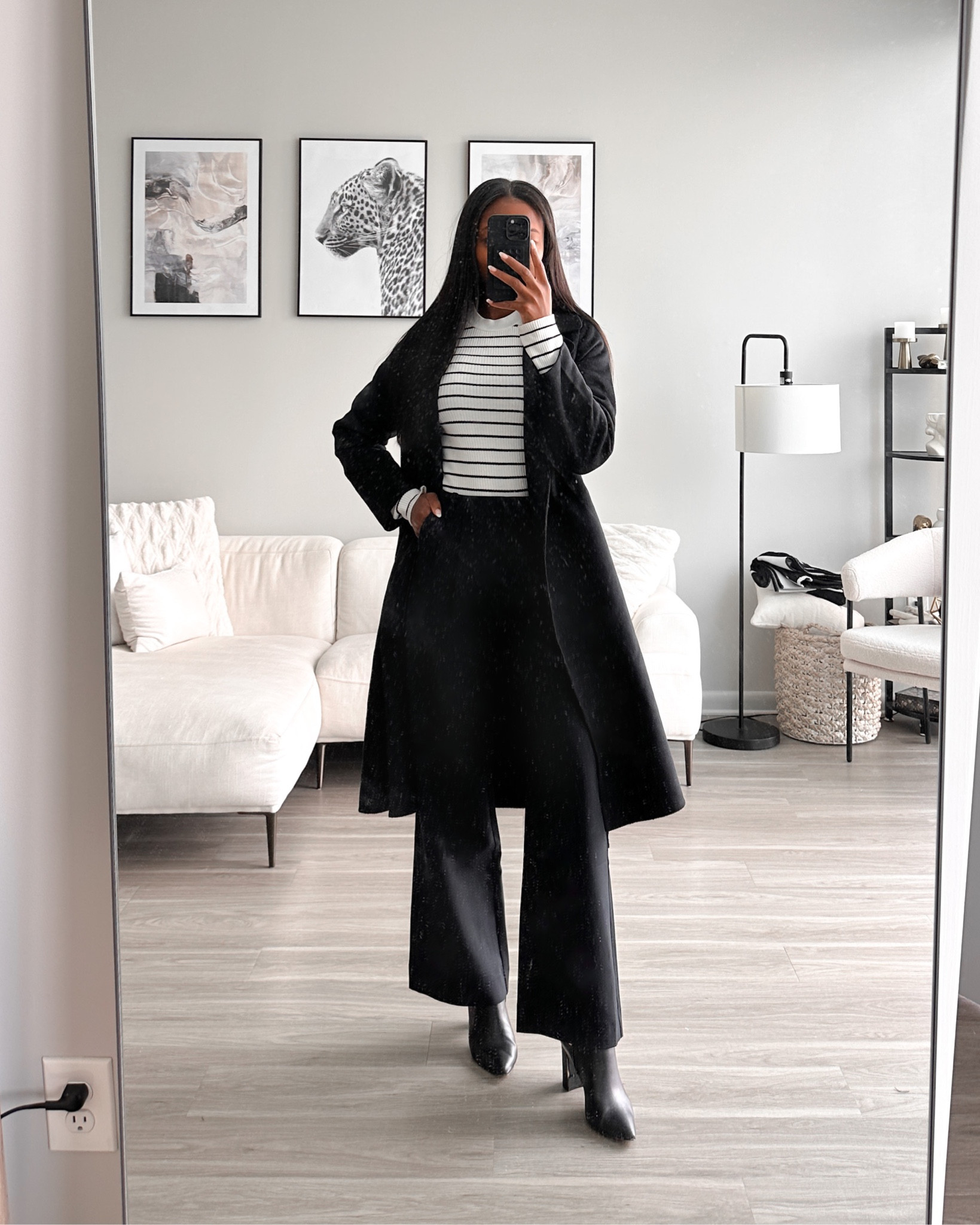 Wool-blend belted coat, long black coat, Abercrombie coat (wearing an xs), black and white top, long-sleeve top, striped top, black pants, office pants, Abercrombie pants (wearing a size 26), fall office style, workwear, minimal style, neutral style, black booties

#LTKworkwear #LTKshoecrush #LTKSale