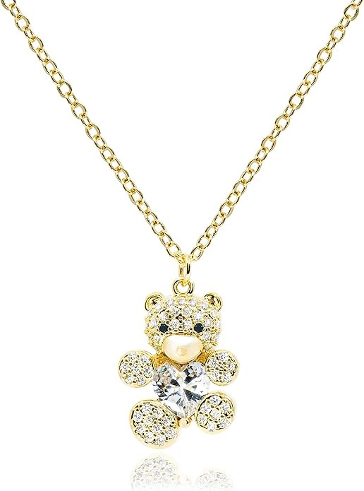 Dainty Teddy Bear Necklace for Women • 14K Gold Plated Cuddly Heart Crystal Gummy Bear Pendant ... | Amazon (US)