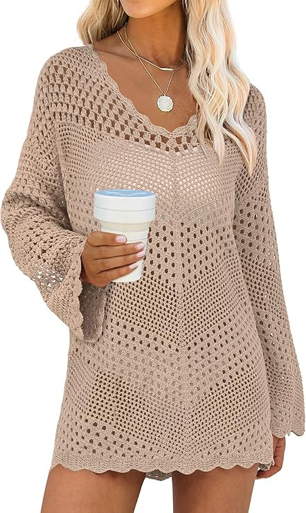 ANRABESS Women Swimsuit Crochet Swim Cover Up Summer Bathing Suit Swimwear V Neck Mesh Knit Beach... | Amazon (US)