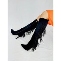 Black Suede Boots, Fringe Leather Boots, Knee High Boots With Side Zipper, Vegan Pointed Toe Stilett | Etsy (US)