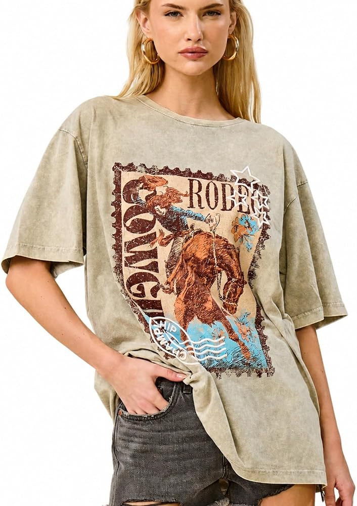 Women\u2019s Premium Oversized Vintage Graphic T Shirt \u2013 Mineral Washed Relaxed Fit Boho Wes... | Amazon (US)
