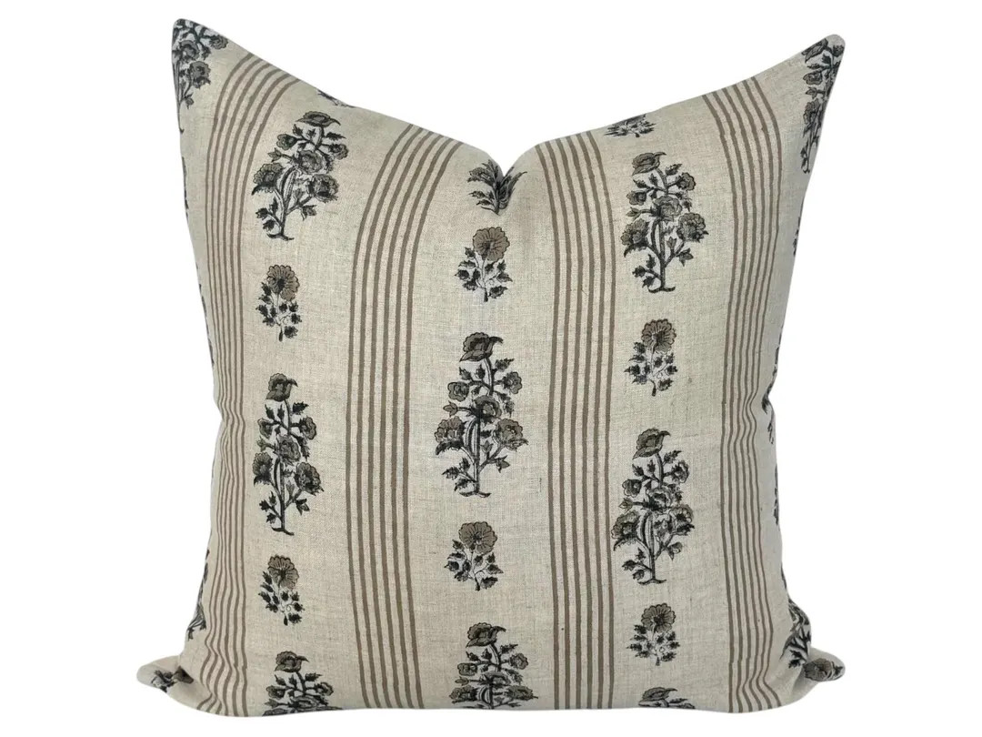 Vintage Floral Stripe Block Print Linen Pillow Cover - Etsy | Etsy (US)