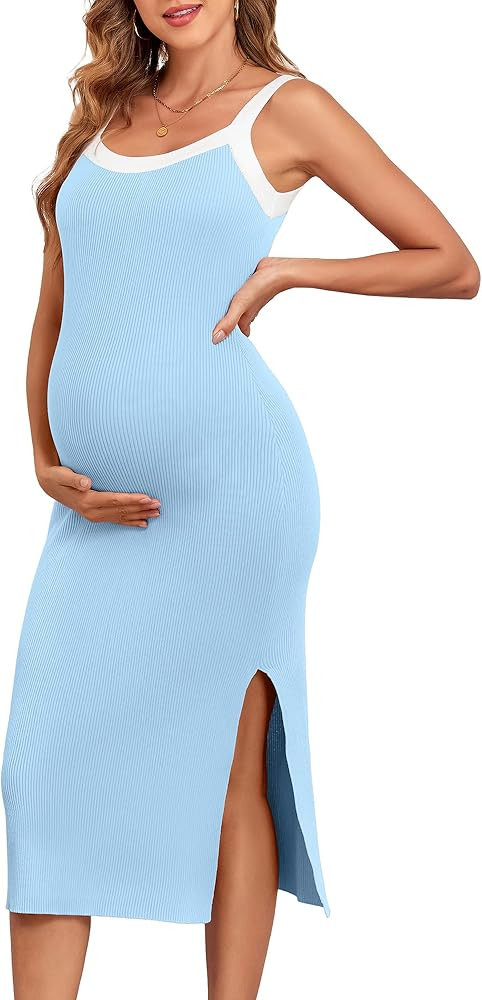 V FOR CITY Maternity Dresses Sleeveless Rib Knit Slit Baby Shower Dress Casual Square Neck Bodyco... | Amazon (US)