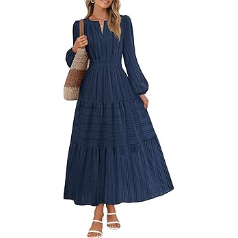 MEROKEETY Womens Fall Puff Long Sleeve Casual V Neck Cotton Midi Dress 2026 | Modest, Maxi, Long ... | Amazon (US)