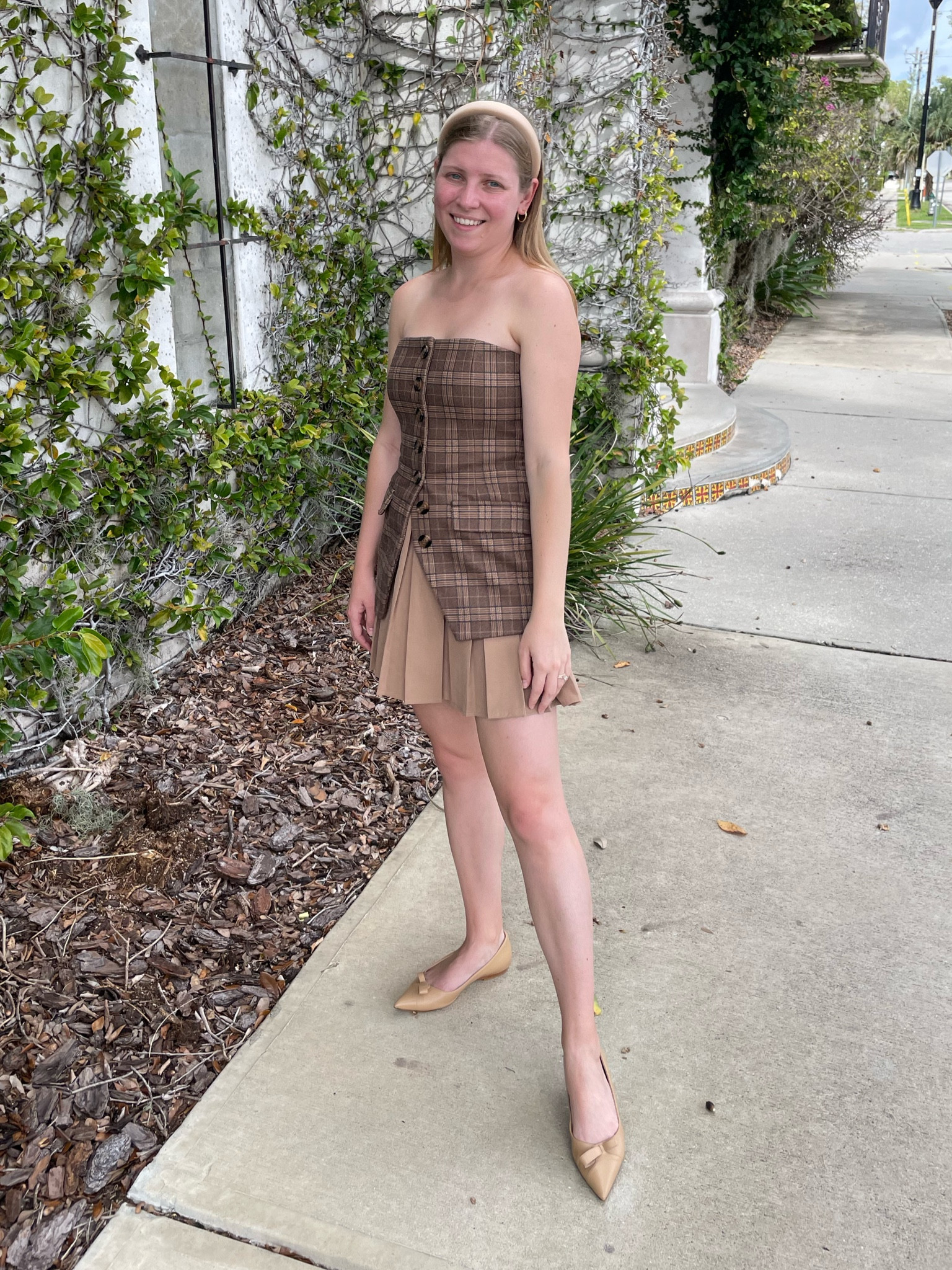 Bustier vest top in plaid with tan pleated skirt  

#LTKFallSale