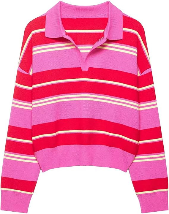 Bozanly Womens Oversized Striped Knit Sweater Casual Polo Collar Long Sleeve Pullover Knitted Top... | Amazon (US)