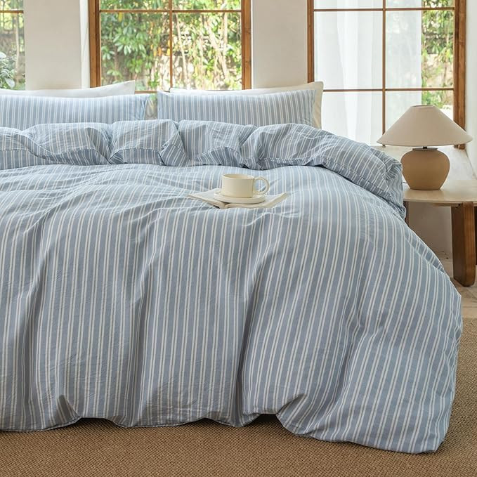 Luxury 100% Washed Cotton Linen Like Duvet Cover Set,3 Pcs Striped Duvet Cover with Zipper Closur... | Amazon (US)